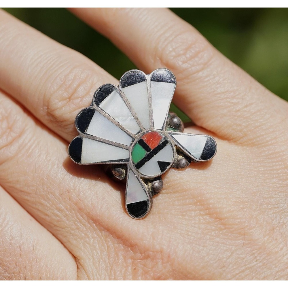 Old Pawn Zuni Native American Indian Sterling Silver Multi Stone‎ Ring - Size 6